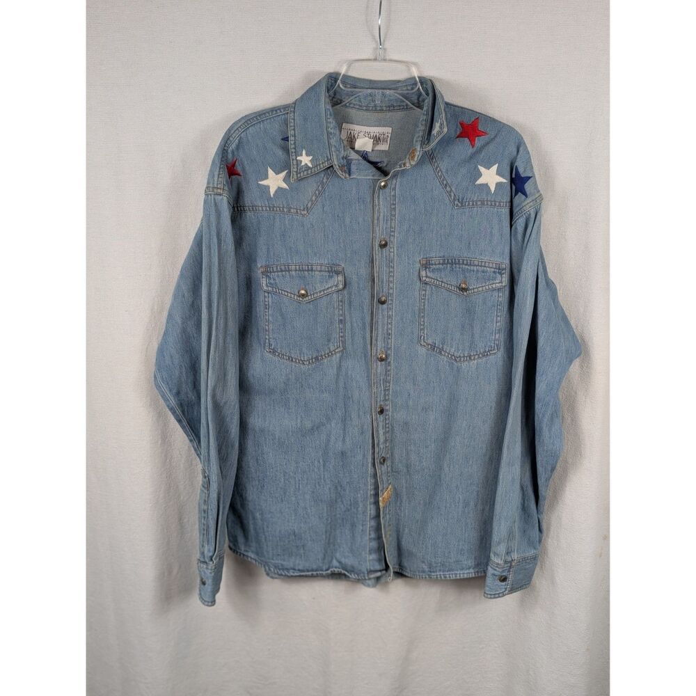 Vintage Jake Stewart Embroidered Stars & Boots Denim Button Up Shirt Size Medium